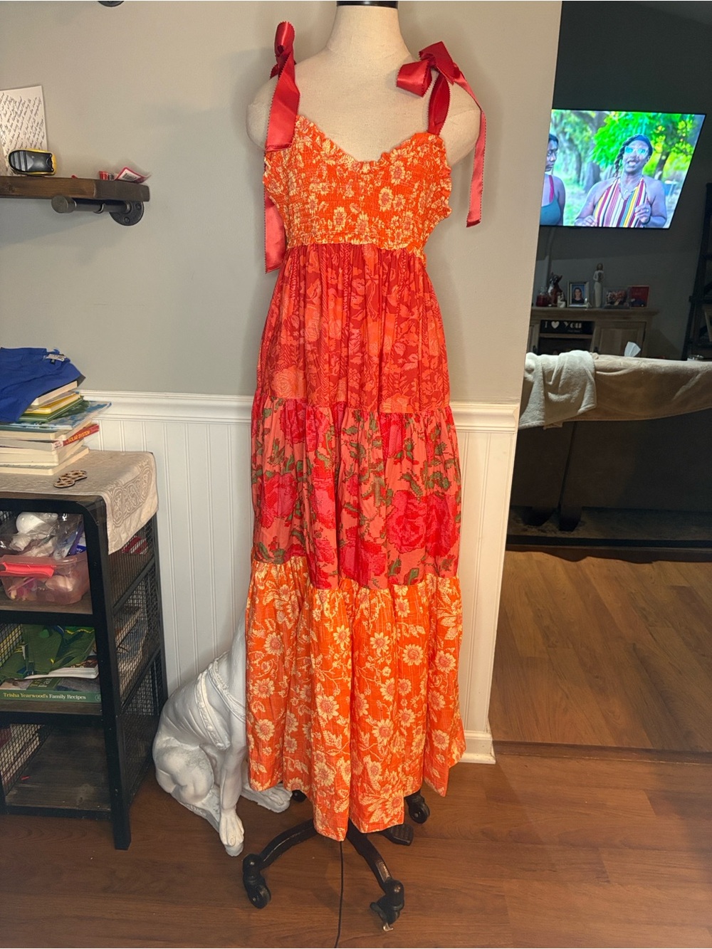 Free People Orange Floral Smocked Dress Detail